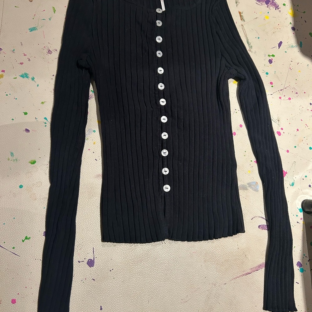 Free People Black Ribbed Knit Top size L